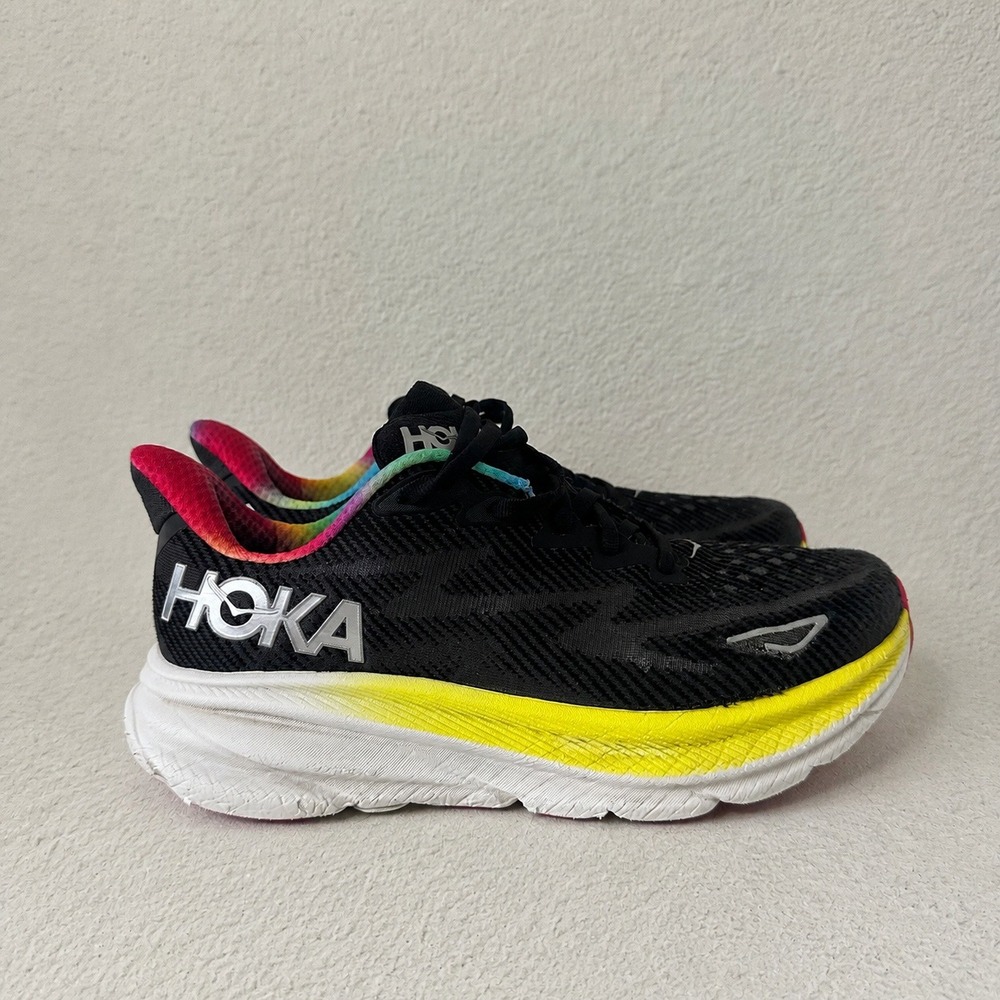 Hoka Clifton 9 Womens SZ 8.5 Running Shoes Black Rainbow Yellow 1127896 BAAB